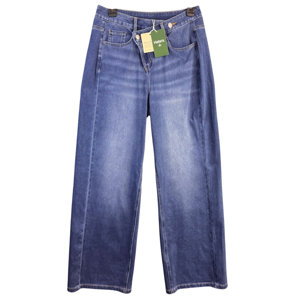 Halara Flex Wide Leg Jeans Medium Wash Crossover Waist Blue Denim Size M NWT